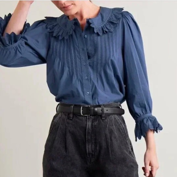NWT Doen Blue Ruffle Collar Hickory Long Sleeve Blouse Top Atlantic Blue - Picture 1 of 9
